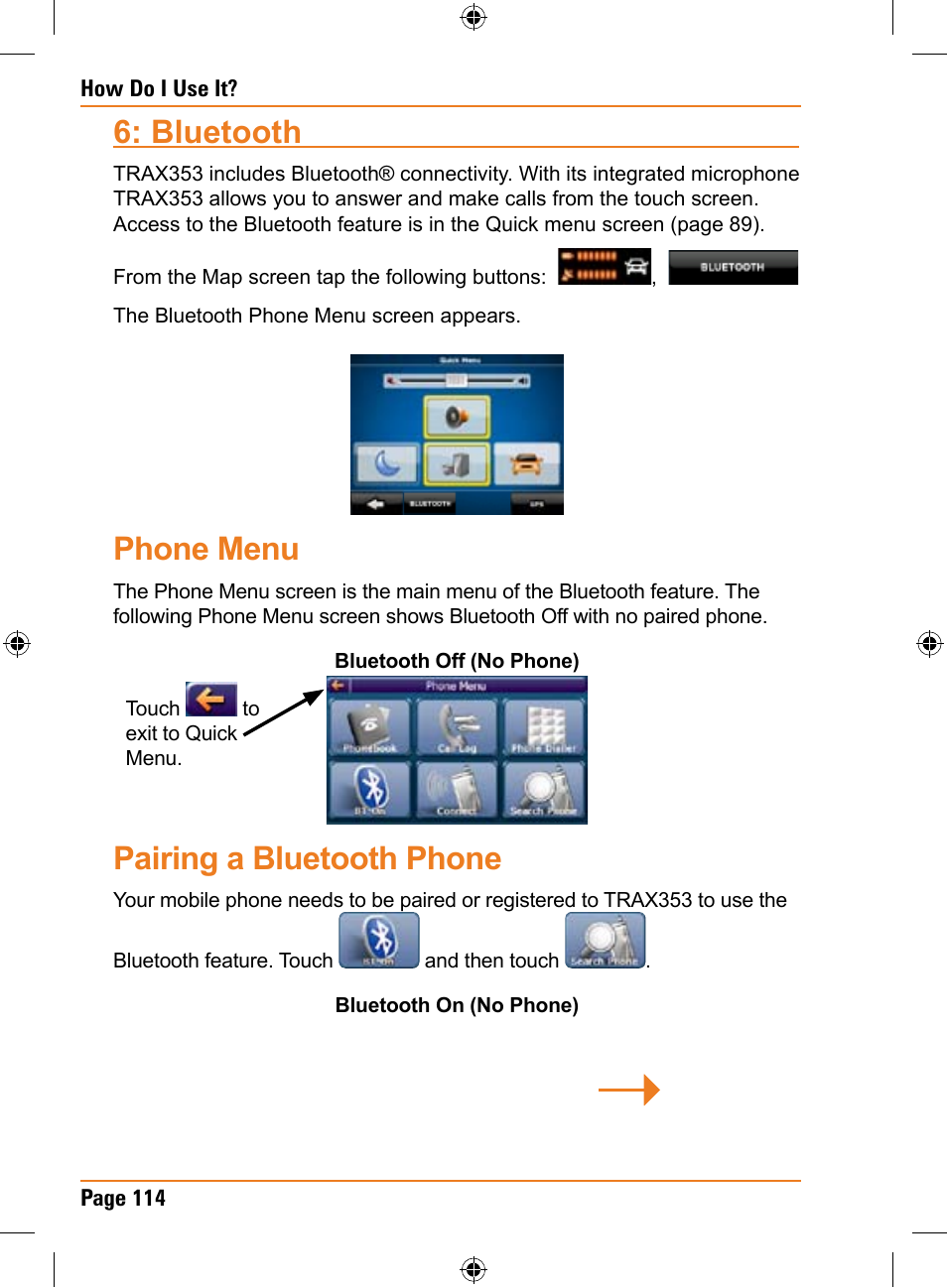 Bluetooth, Phone menu, Pairing a bluetooth phone | Univex TRAX353 User Manual | Page 114 / 132