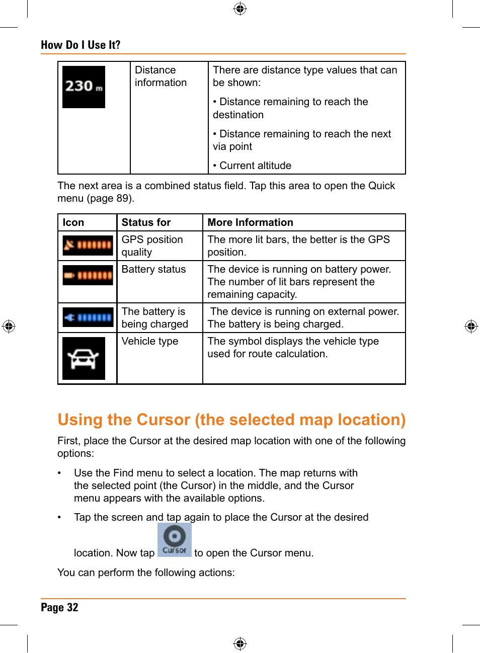 Using the cursor (the selected map location) | Univex TRAX353 User Manual | Page 32 / 132