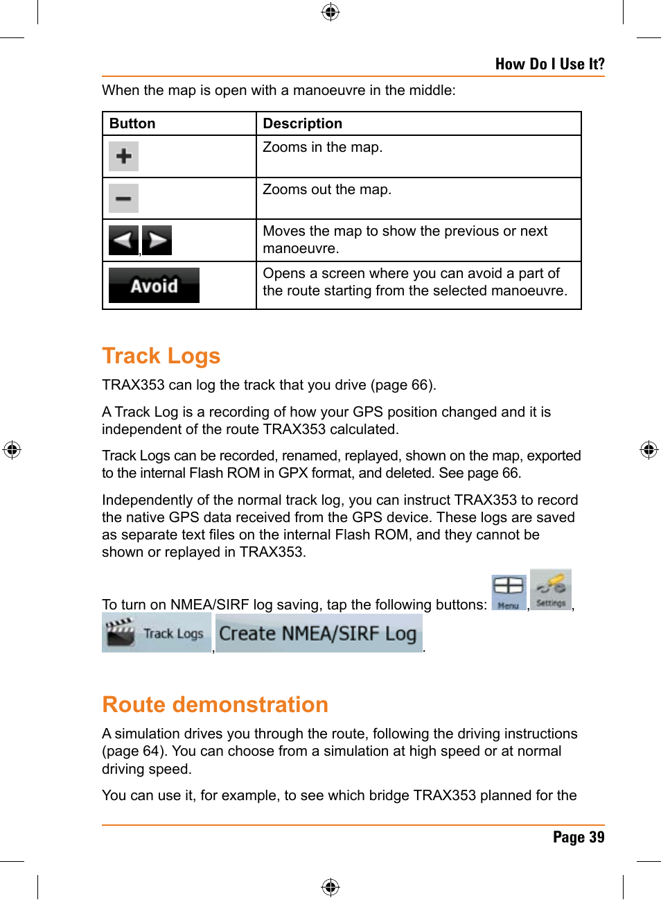 Track logs, Route demonstration | Univex TRAX353 User Manual | Page 39 / 132