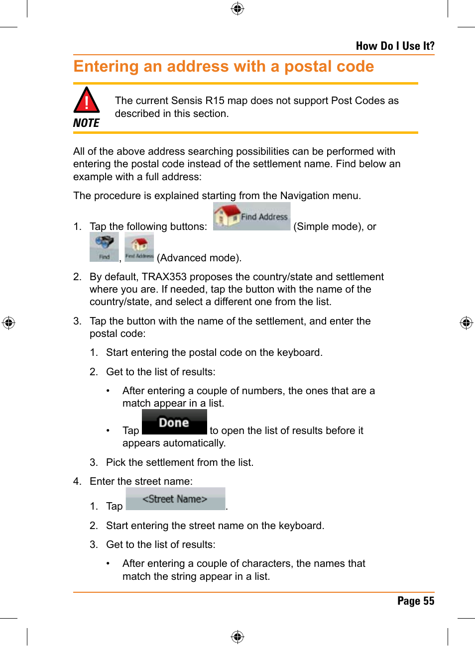 Entering an address with a postal code | Univex TRAX353 User Manual | Page 55 / 132