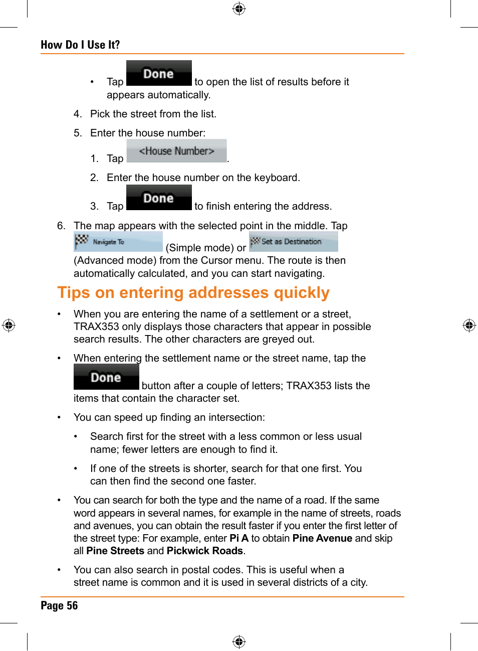 Tips on entering addresses quickly | Univex TRAX353 User Manual | Page 56 / 132