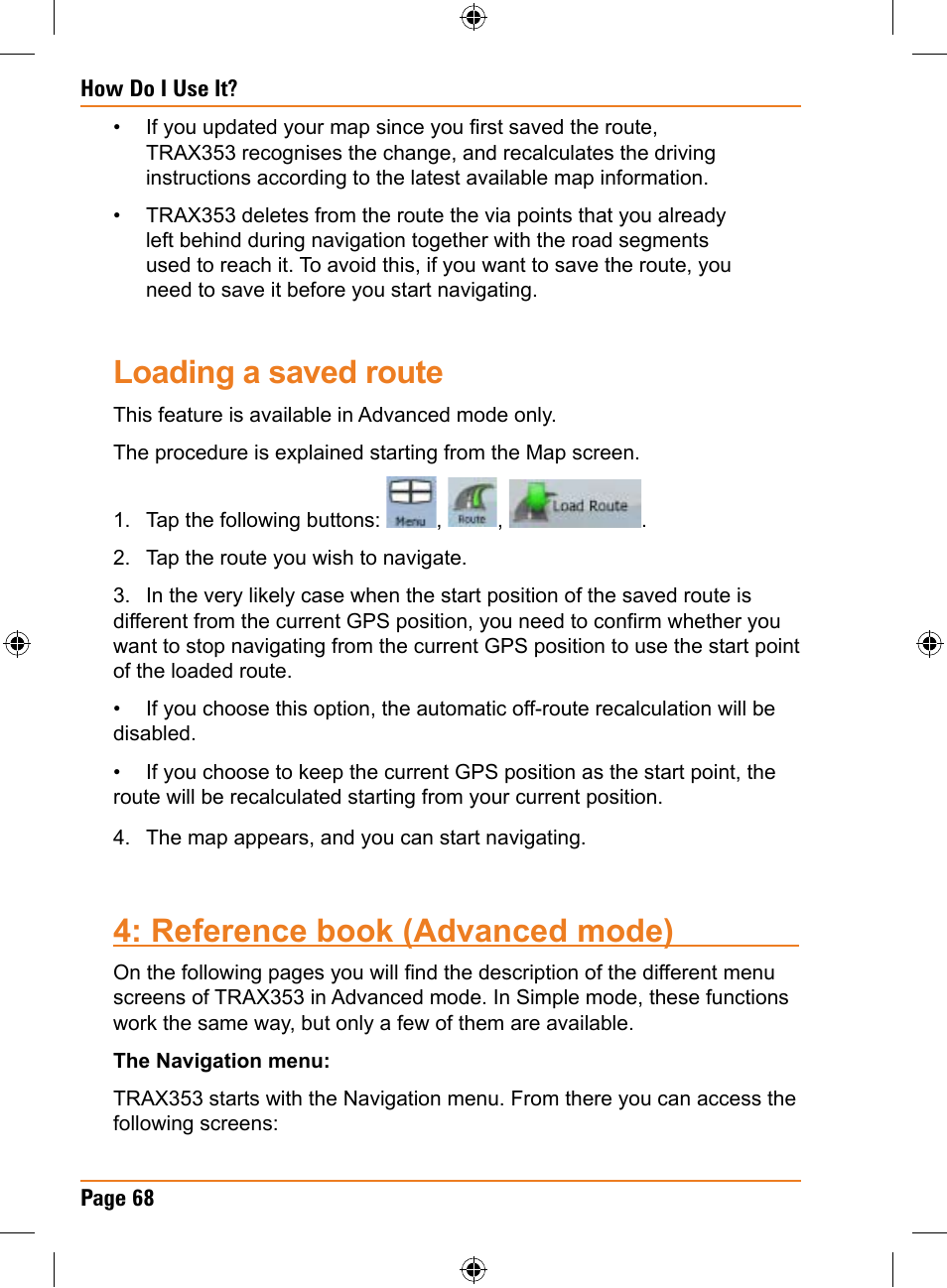 Loading a saved route, Reference book (advanced mode) | Univex TRAX353 User Manual | Page 68 / 132