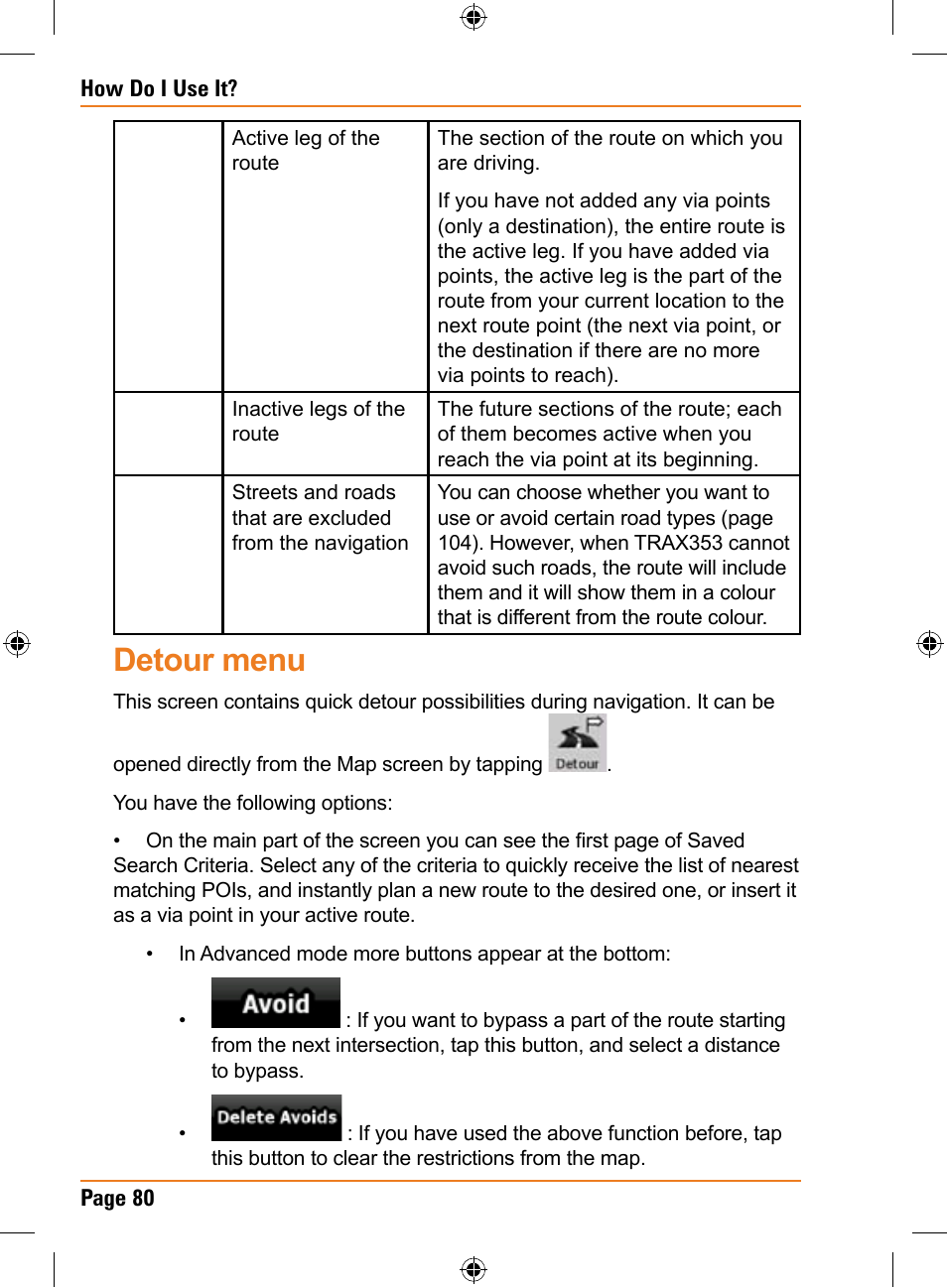 Detour menu | Univex TRAX353 User Manual | Page 80 / 132