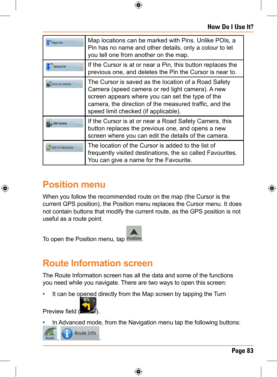 Position menu, Route information screen | Univex TRAX353 User Manual | Page 83 / 132