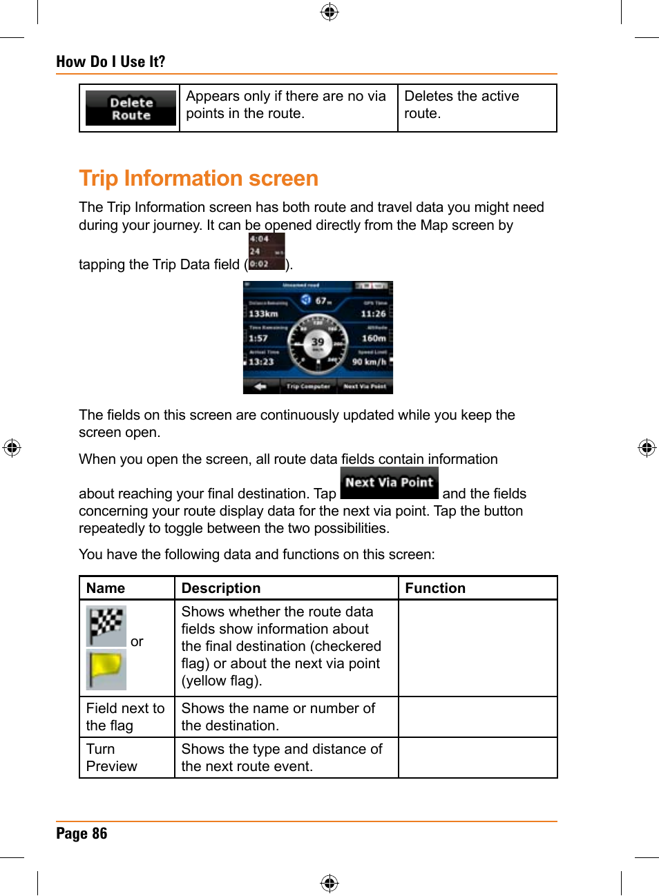 Trip information screen | Univex TRAX353 User Manual | Page 86 / 132
