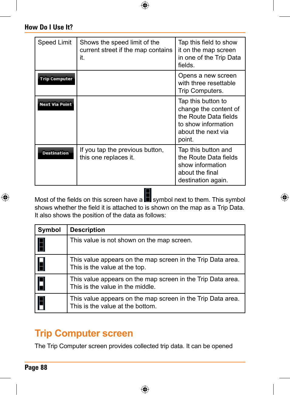 Trip computer screen | Univex TRAX353 User Manual | Page 88 / 132