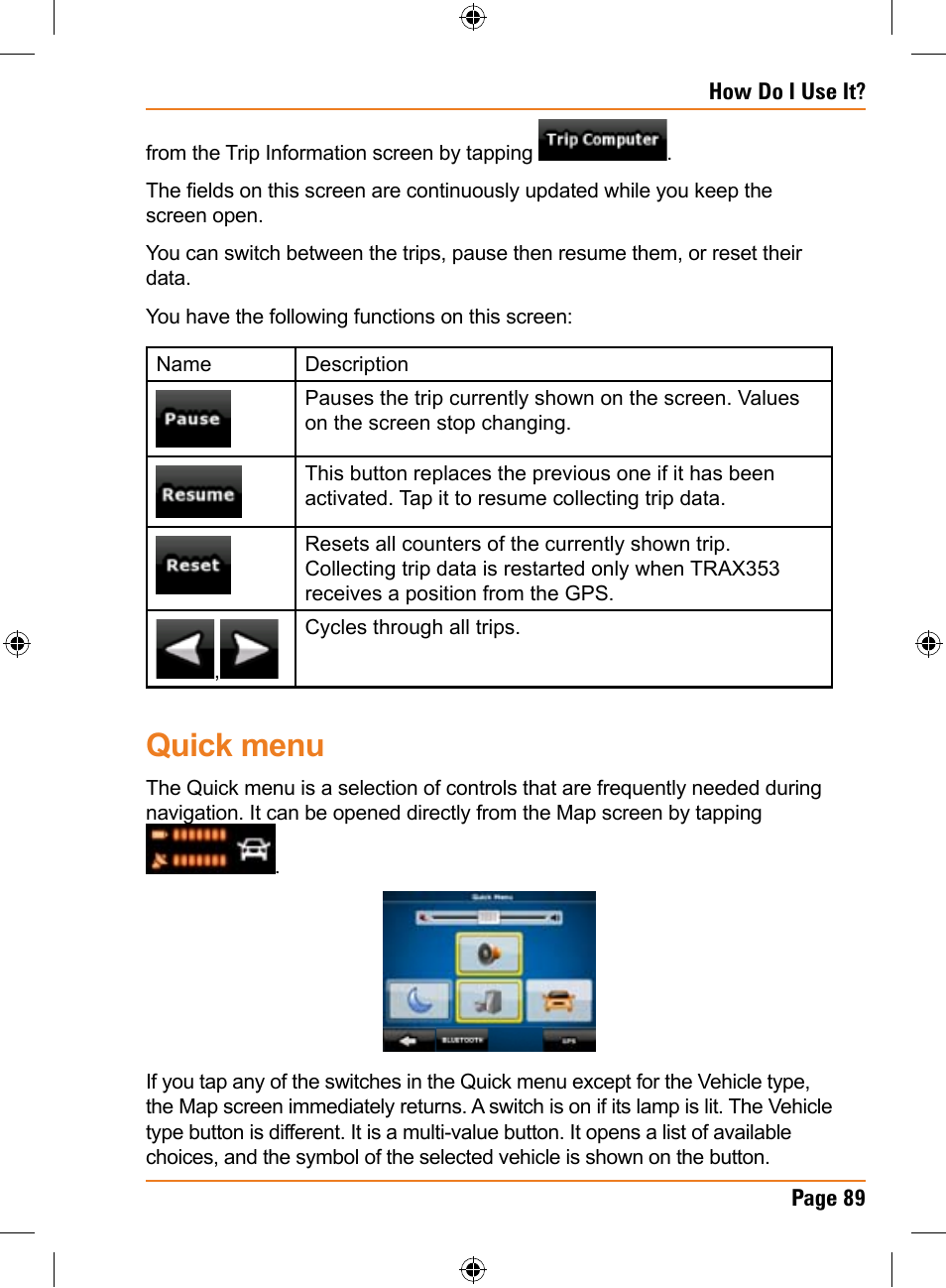 Quick menu | Univex TRAX353 User Manual | Page 89 / 132