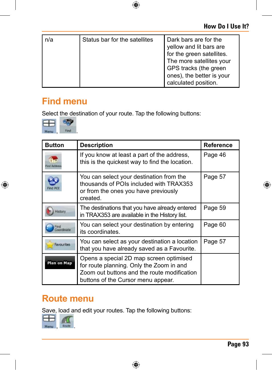 Find menu, Route menu | Univex TRAX353 User Manual | Page 93 / 132