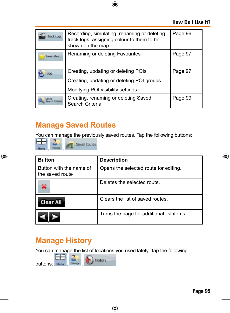 Manage saved routes, Manage history | Univex TRAX353 User Manual | Page 95 / 132