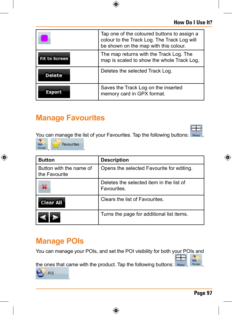 Manage favourites, Manage pois | Univex TRAX353 User Manual | Page 97 / 132
