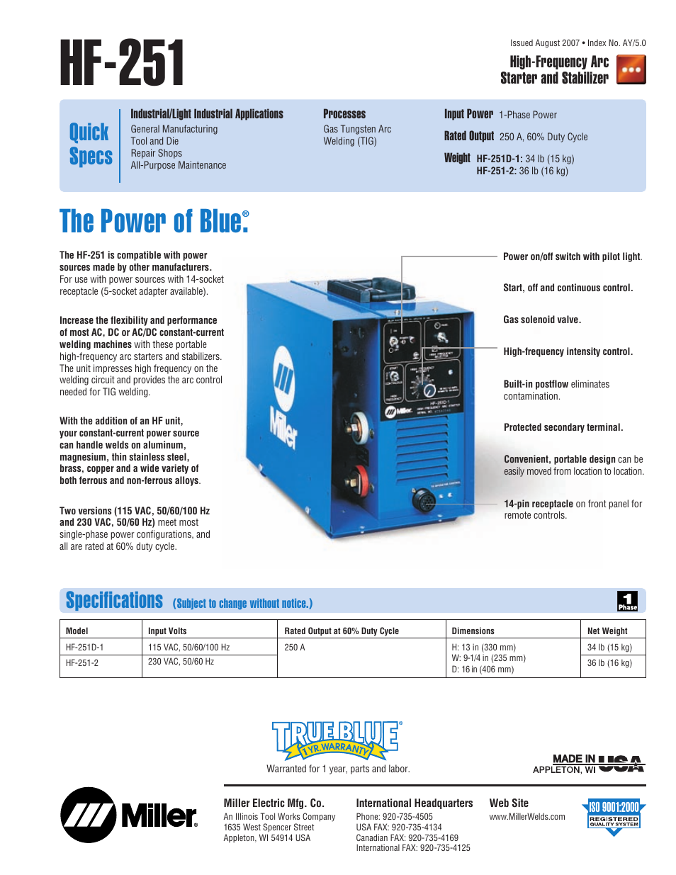 Univex HF-251 User Manual | 2 pages