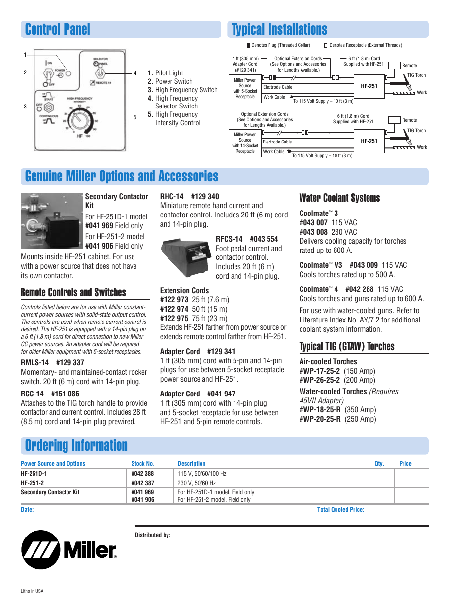 Genuine miller options and accessories, Typical installations control panel, Ordering information | Remote controls and switches, Water coolant systems, Typical tig (gtaw) torches | Univex HF-251 User Manual | Page 2 / 2