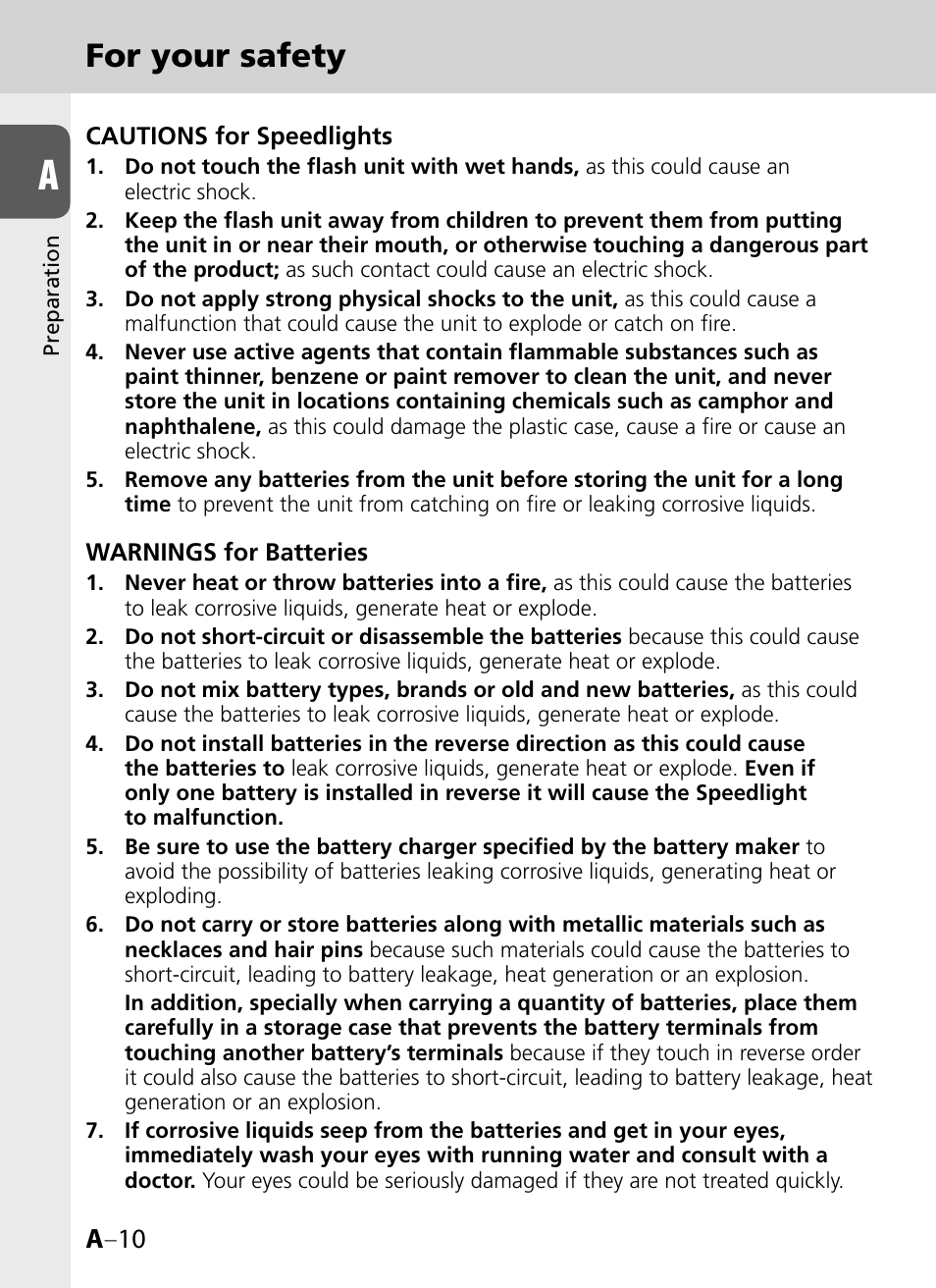 For your safety, A –10 | Nikon SB-900 User Manual | Page 10 / 142