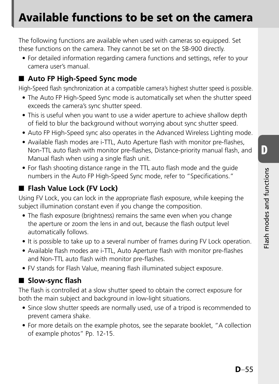 Available functions to be set on the camera, D –55 | Nikon SB-900 User Manual | Page 105 / 142