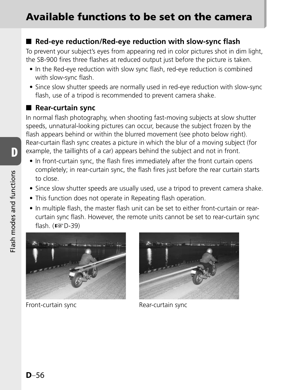 Available functions to be set on the camera, D –56 | Nikon SB-900 User Manual | Page 106 / 142