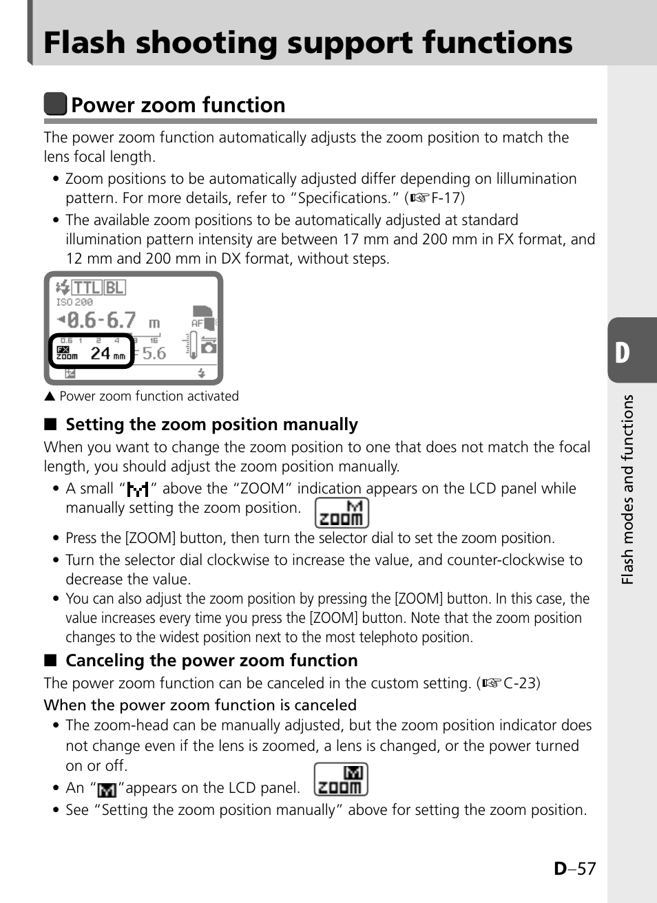 Flash shooting support functions, Power zoom function, D –57 | Nikon SB-900 User Manual | Page 107 / 142
