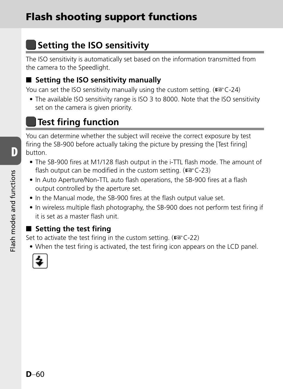 Flash shooting support functions, Setting the iso sensitivity, Test firing function | Nikon SB-900 User Manual | Page 110 / 142