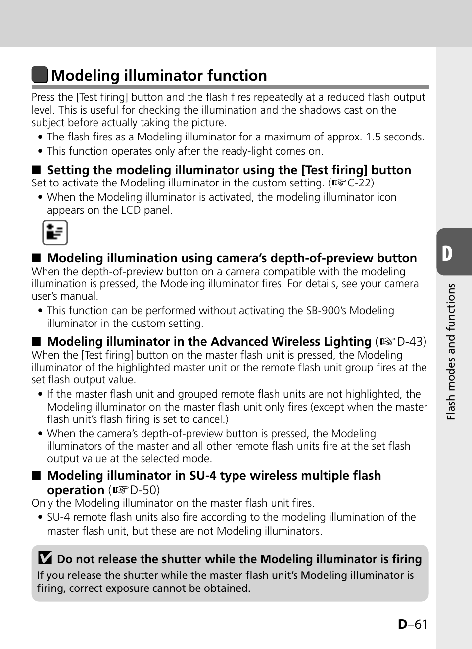 Modeling illuminator function, D –61 | Nikon SB-900 User Manual | Page 111 / 142