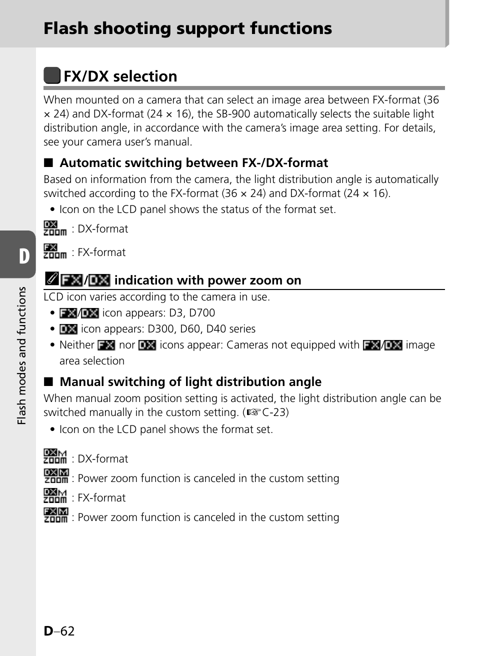 Flash shooting support functions, Fx/dx selection, D –62 | Nikon SB-900 User Manual | Page 112 / 142