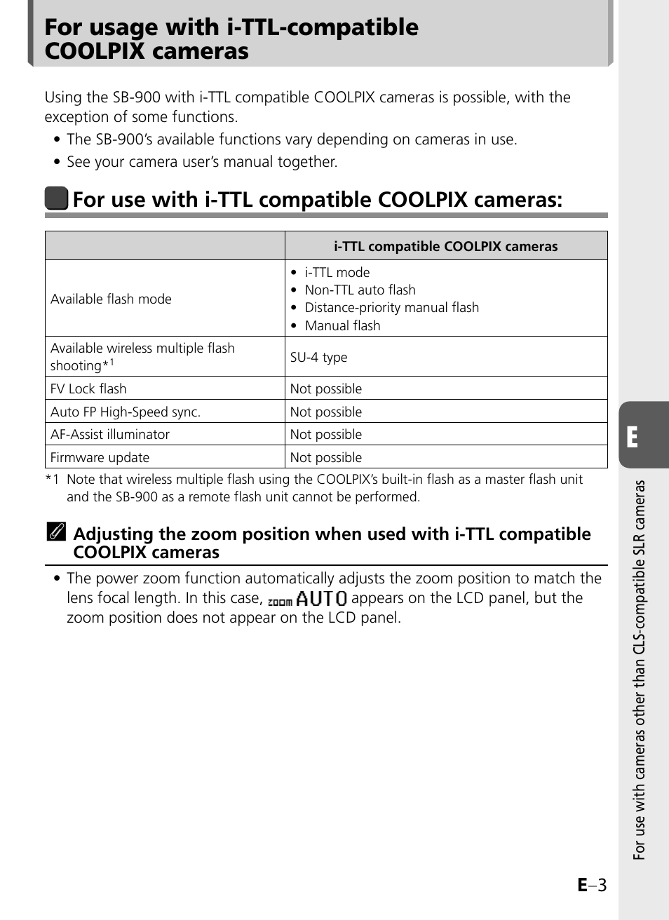 For usage with i-ttl-compatible coolpix cameras, For use with i-ttl compatible coolpix cameras, E –3 | Nikon SB-900 User Manual | Page 115 / 142