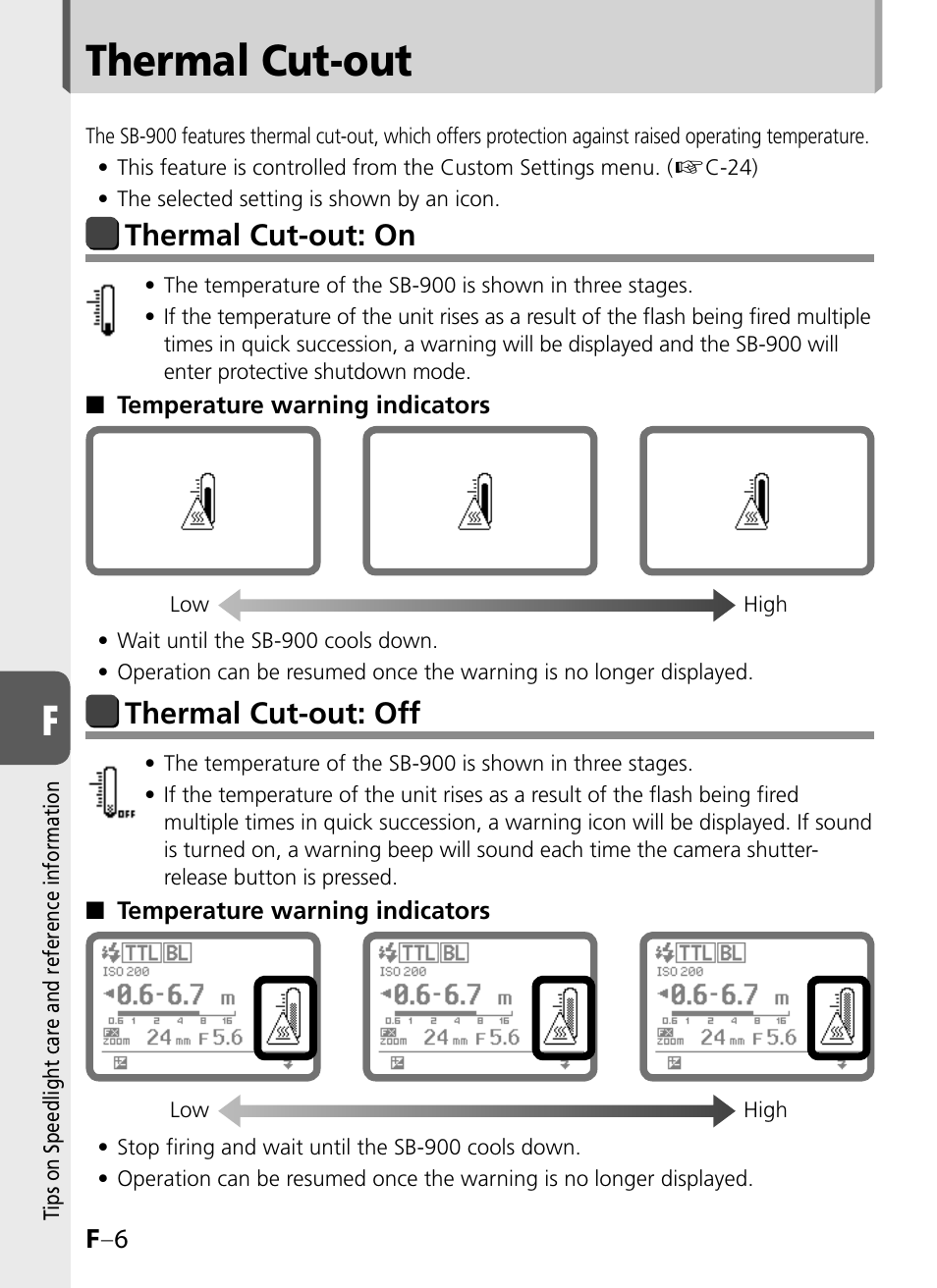 Thermal cut-out, Thermal cut-out: on, Thermal cut-out: off | Nikon SB-900 User Manual | Page 122 / 142