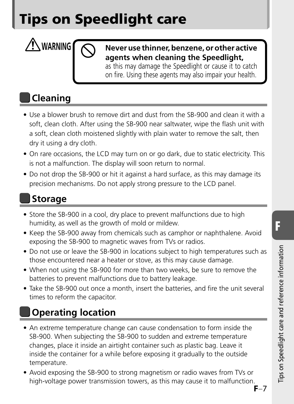 Tips on speedlight care, Warning | Nikon SB-900 User Manual | Page 123 / 142