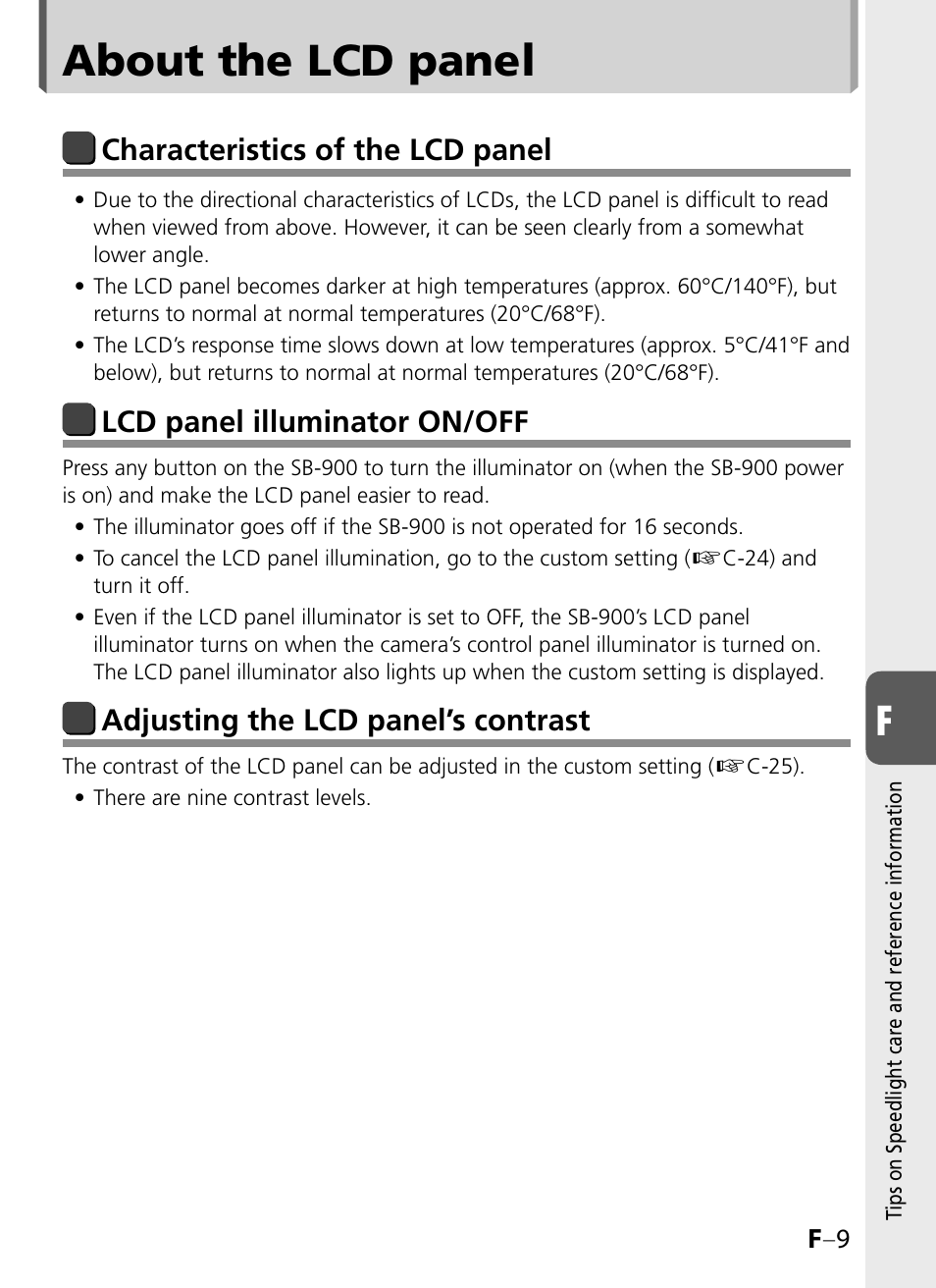 About the lcd panel, Characteristics of the lcd panel, Lcd panel illuminator on/off | Adjusting the lcd panel’s contrast | Nikon SB-900 User Manual | Page 125 / 142