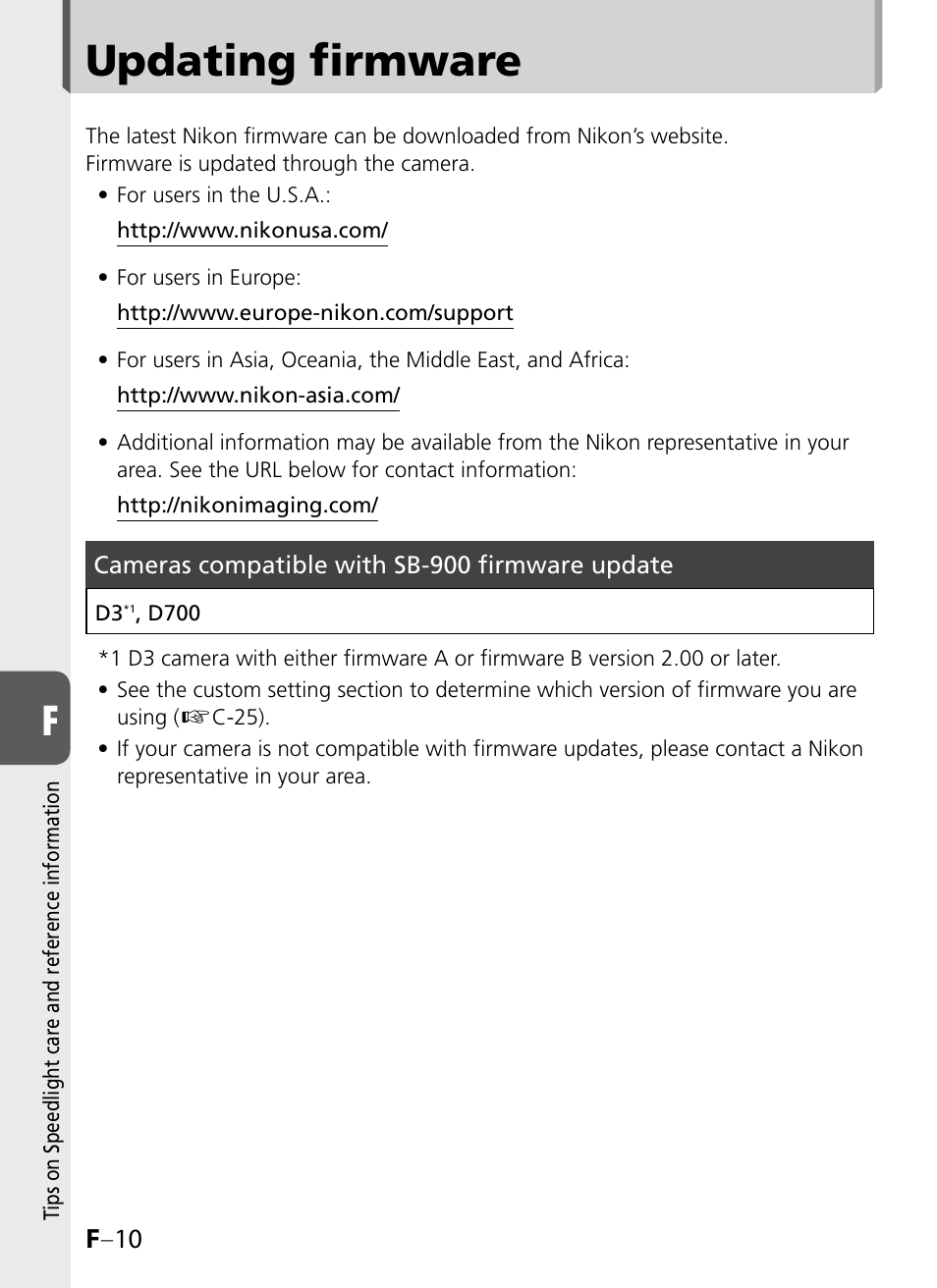 Updating firmware, F –10 | Nikon SB-900 User Manual | Page 126 / 142