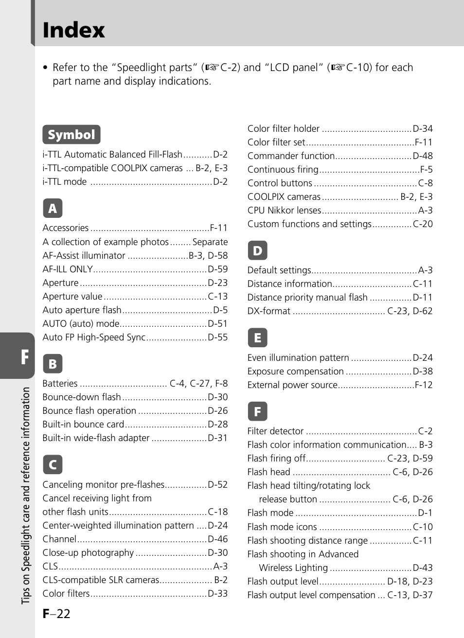 Index, F –22, Symbol | Nikon SB-900 User Manual | Page 138 / 142