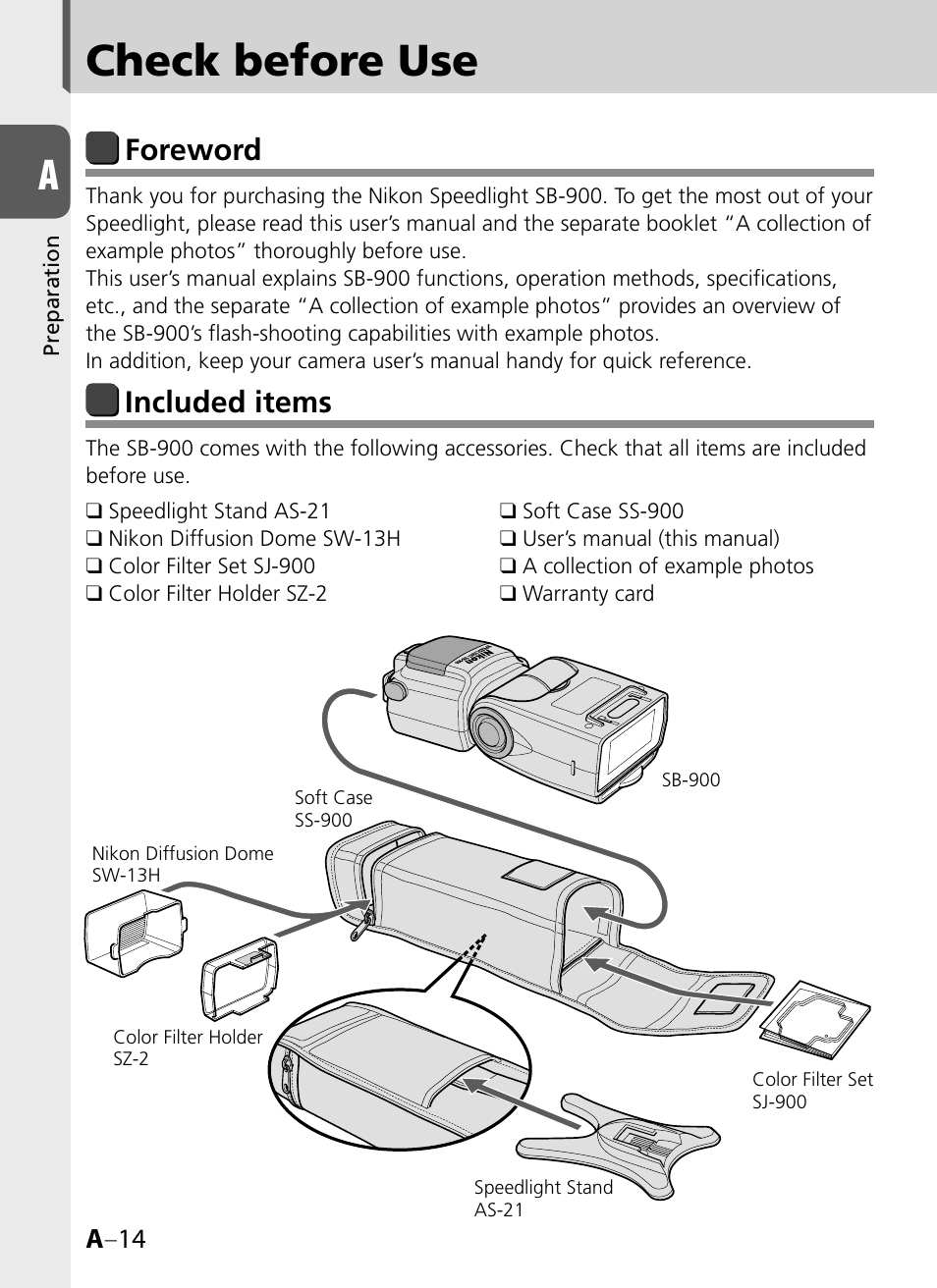 Check before use, Foreword, Included items | A –14 | Nikon SB-900 User Manual | Page 14 / 142