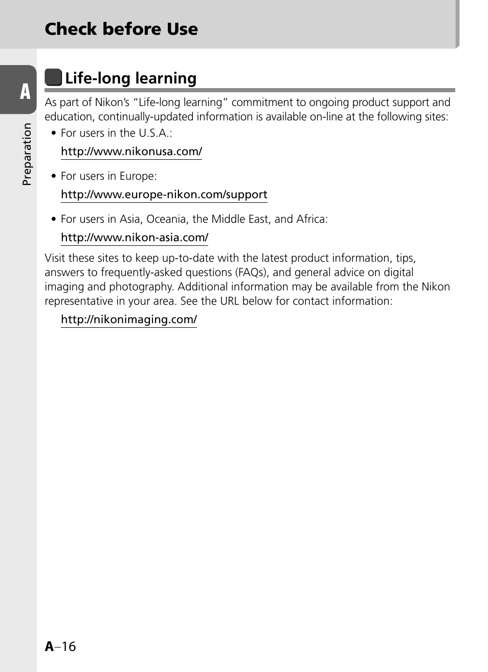 Check before use, Life-long learning | Nikon SB-900 User Manual | Page 16 / 142