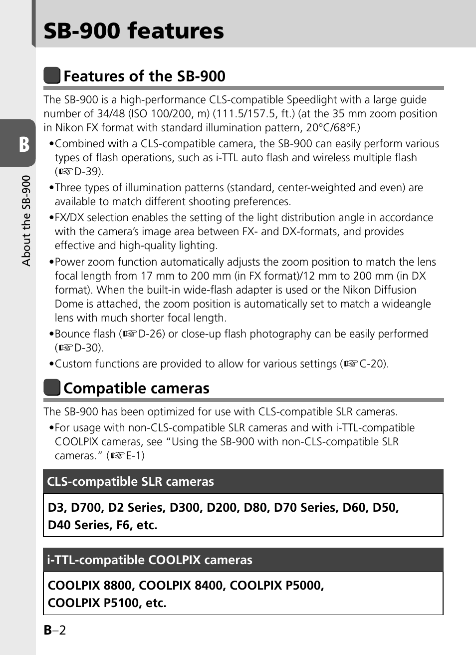 Sb-900 features, Features of the sb-900, Compatible cameras | Nikon SB-900 User Manual | Page 18 / 142