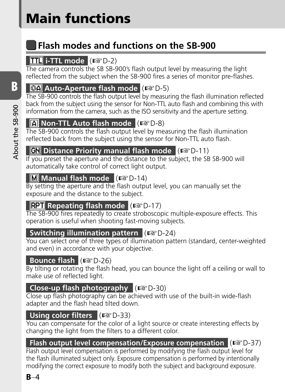 Main functions, Flash modes and functions on the sb-900 | Nikon SB-900 User Manual | Page 20 / 142