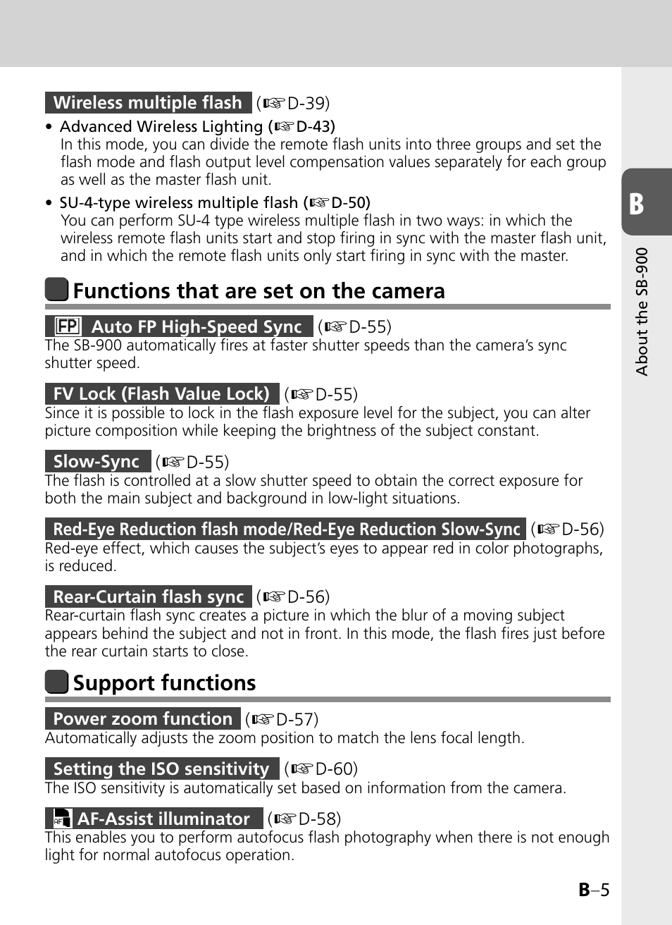 Functions that are set on the camera, Support functions, B –5 | Nikon SB-900 User Manual | Page 21 / 142