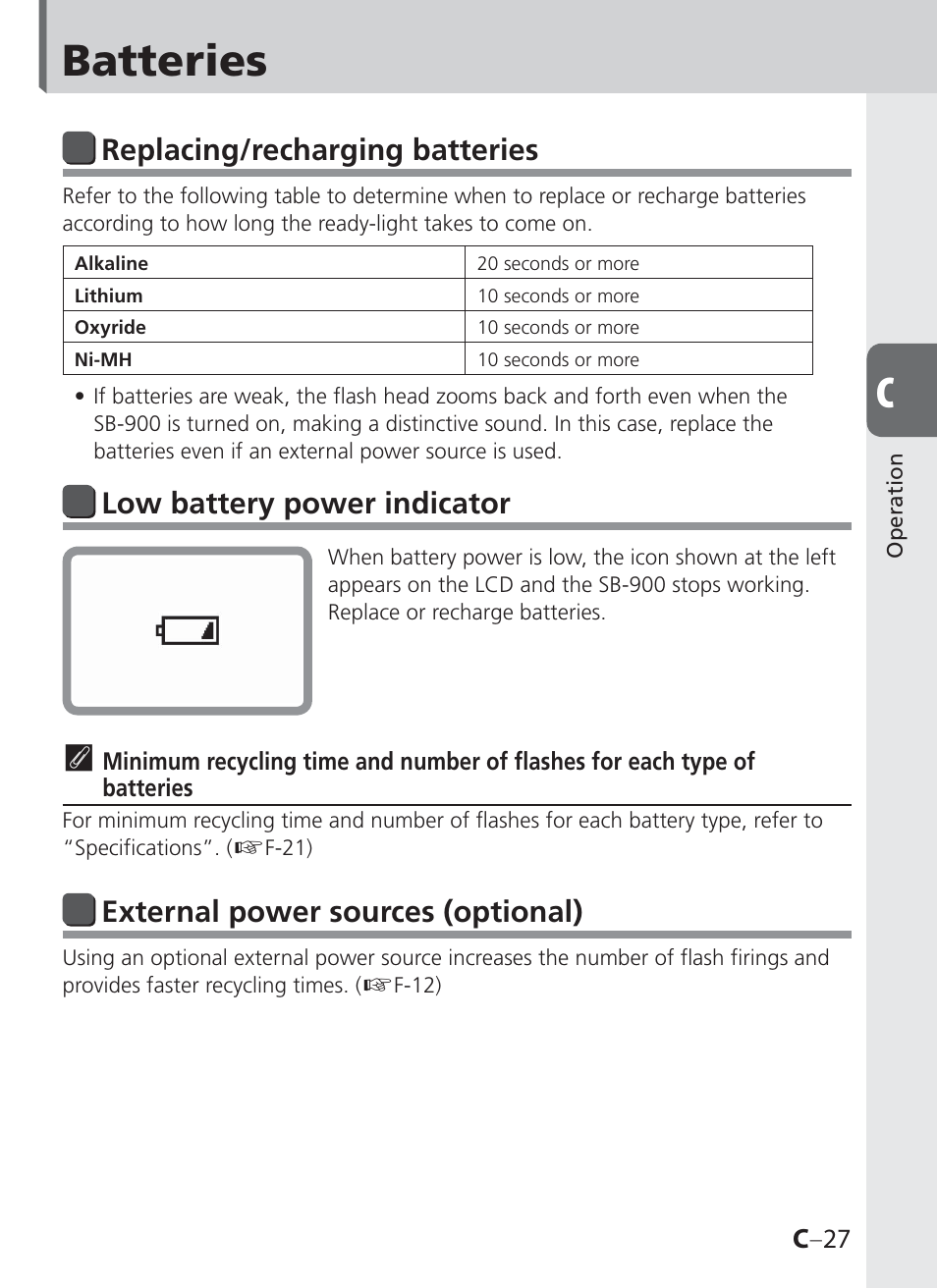Batteries, Low battery power indicator, Replacing/recharging batteries | External power sources (optional) | Nikon SB-900 User Manual | Page 49 / 142