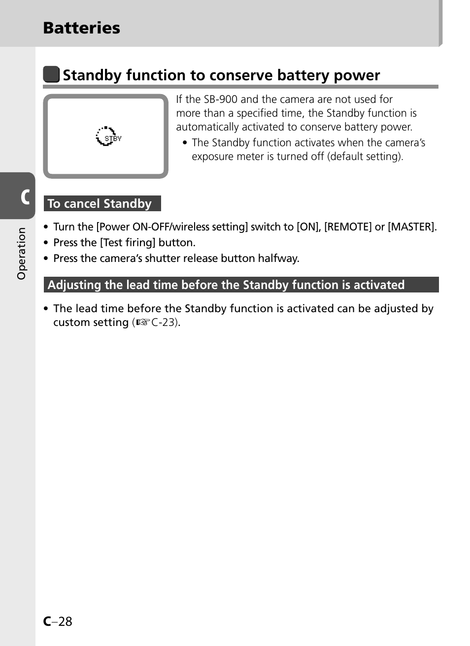 Batteries, Standby function to conserve battery power | Nikon SB-900 User Manual | Page 50 / 142