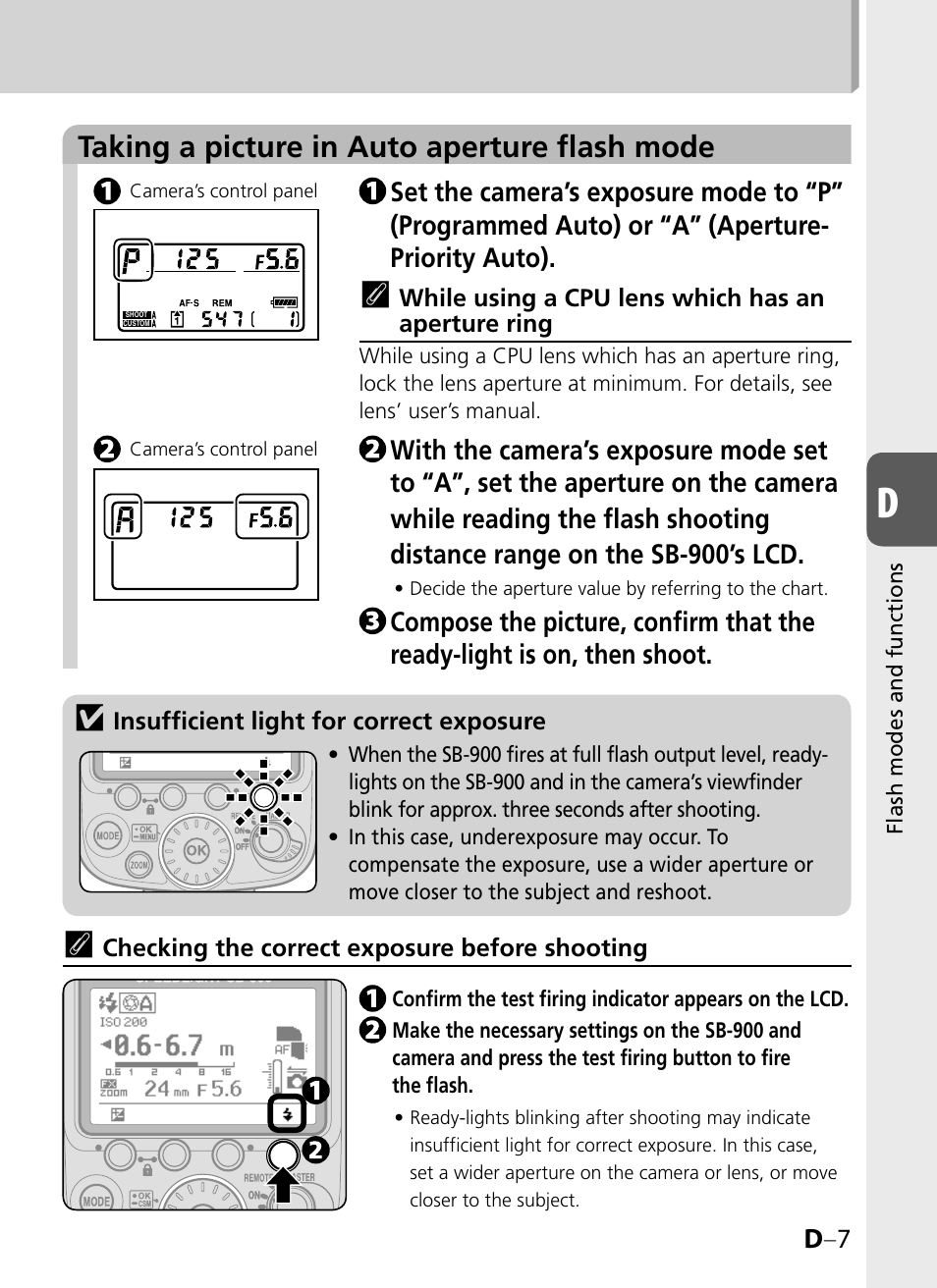 Taking a picture in auto aperture flash mode, D –7 | Nikon SB-900 User Manual | Page 57 / 142