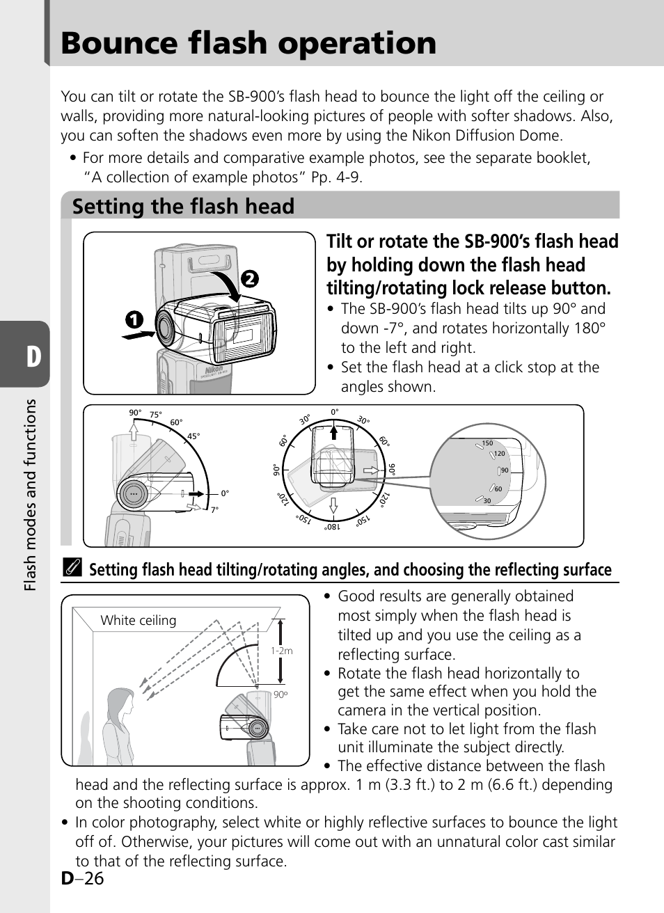 Bounce flash operation, Setting the flash head, D –26 | Flash modes and functions | Nikon SB-900 User Manual | Page 76 / 142