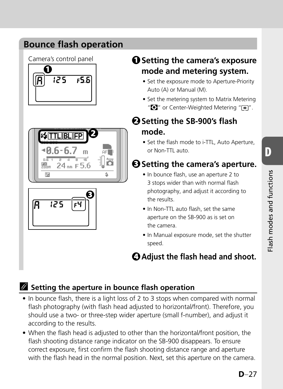 Bounce flash operation, D –27, Setting the sb-900’s flash mode | Setting the camera’s aperture, Adjust the flash head and shoot | Nikon SB-900 User Manual | Page 77 / 142
