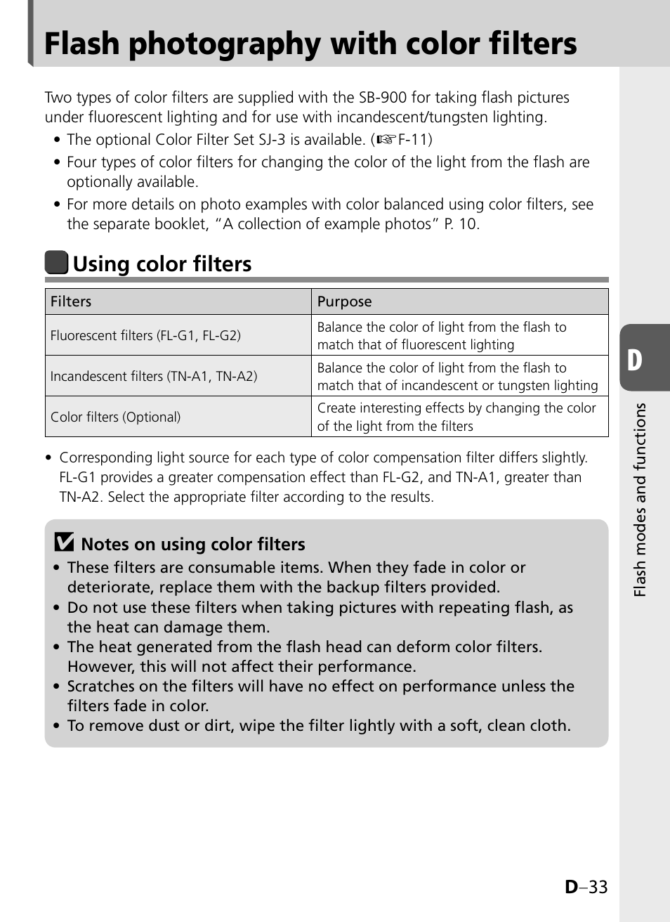 Flash photography with color filters, Using color filters, D –33 | Nikon SB-900 User Manual | Page 83 / 142