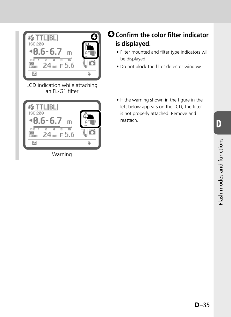D –35, Confirm the color filter indicator is displayed | Nikon SB-900 User Manual | Page 85 / 142