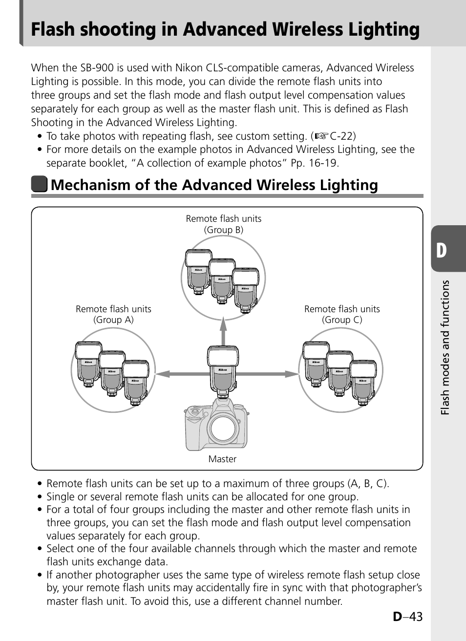 Flash shooting in advanced wireless lighting, Mechanism of the advanced wireless lighting, D –43 | Nikon SB-900 User Manual | Page 93 / 142