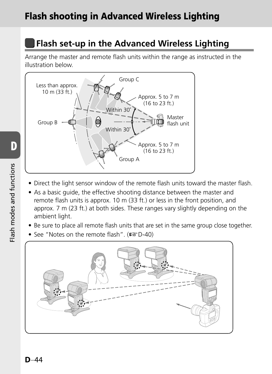 Flash shooting in advanced wireless lighting, Flash set-up in the advanced wireless lighting, D –44 | Nikon SB-900 User Manual | Page 94 / 142