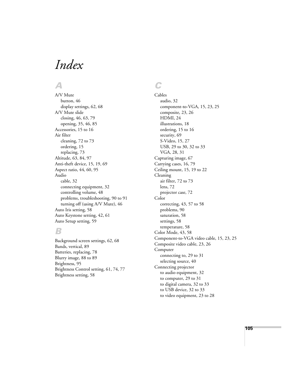 Index | Univex PowerLite 700 User Manual | Page 105 / 110