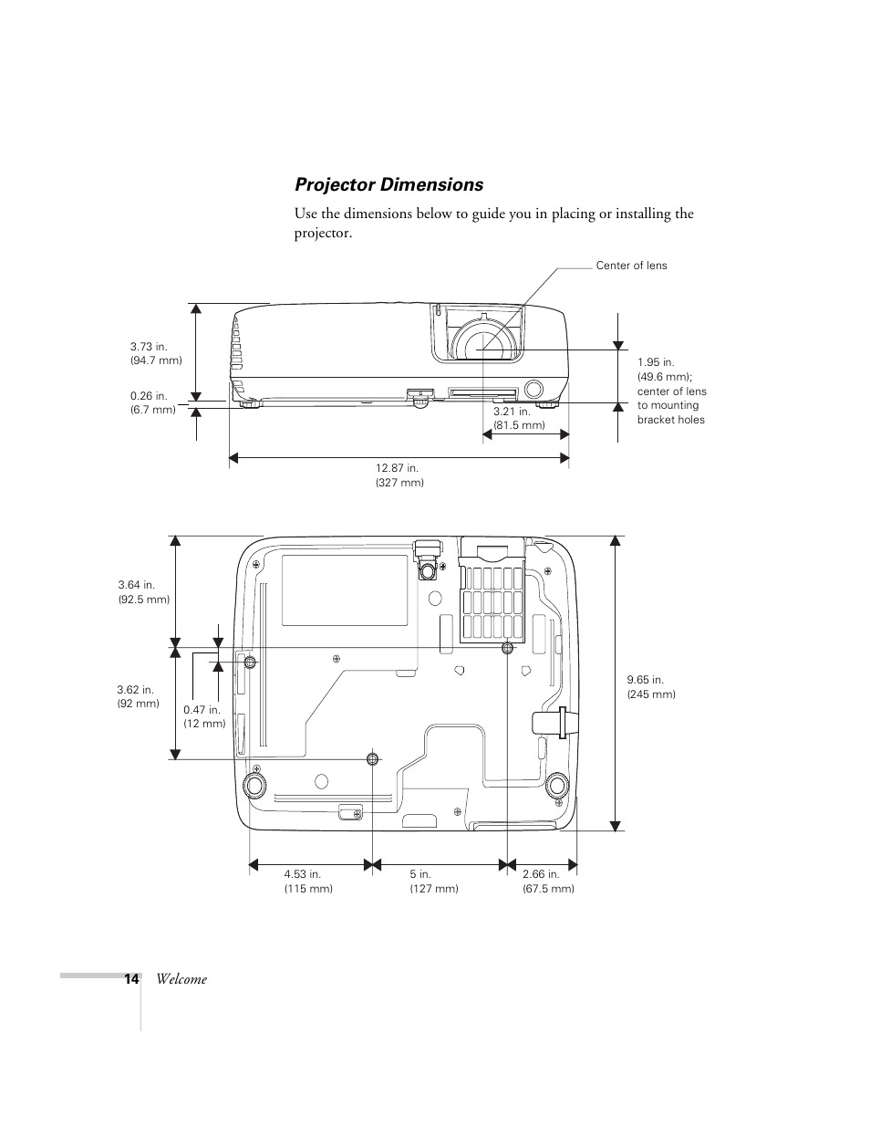 Projector dimensions, Welcome | Univex PowerLite 700 User Manual | Page 14 / 110