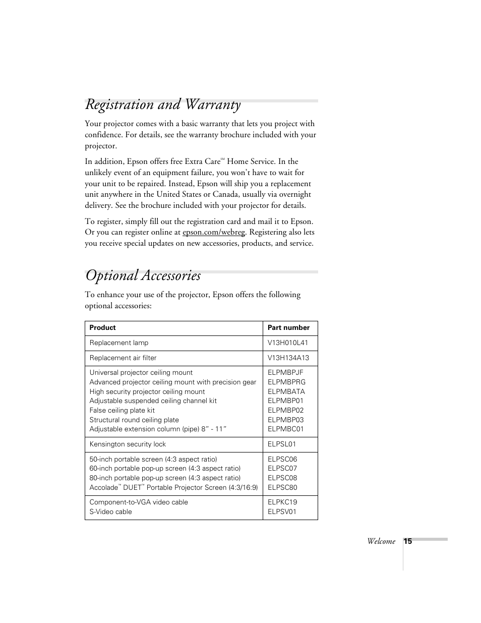 Registration and warranty, Optional accessories, Registration and warranty optional accessories | Univex PowerLite 700 User Manual | Page 15 / 110