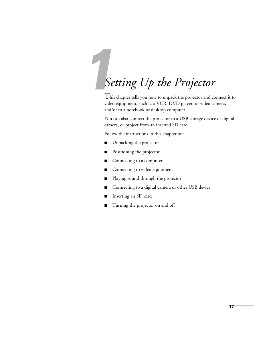 Setting up the projector | Univex PowerLite 700 User Manual | Page 17 / 110
