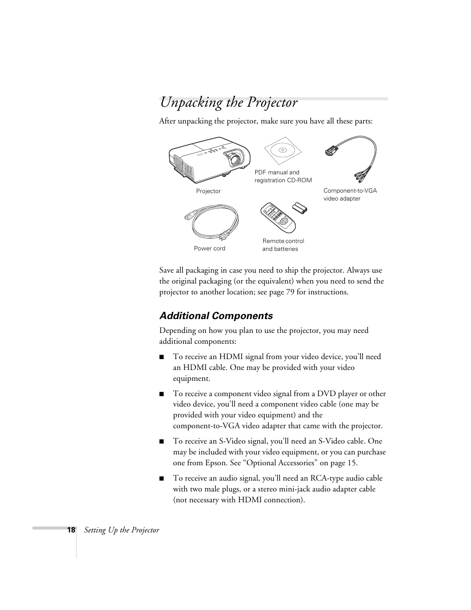 Unpacking the projector, Additional components | Univex PowerLite 700 User Manual | Page 18 / 110