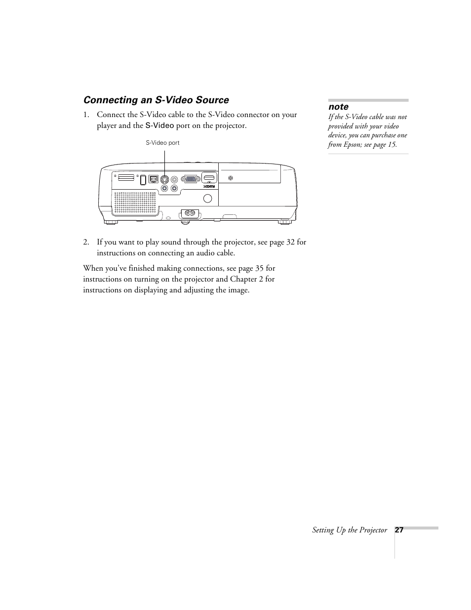 Connecting an s-video source, See “connecting an s-video source” o | Univex PowerLite 700 User Manual | Page 27 / 110