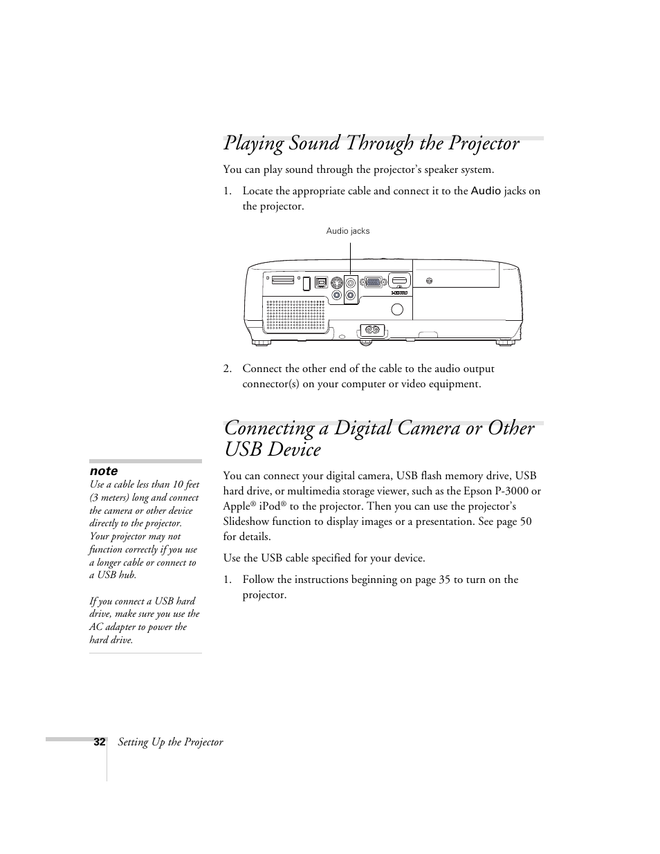 Playing sound through the projector, Connecting a digital camera or other usb device, Connecting to a digital camera or other usb device | Univex PowerLite 700 User Manual | Page 32 / 110